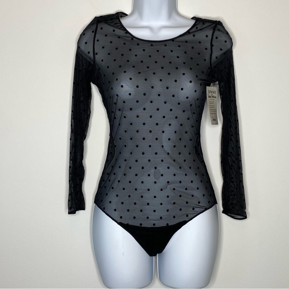 Spanx Sheer Fashion Black Flocked Polka Dot Mesh Bodysuit